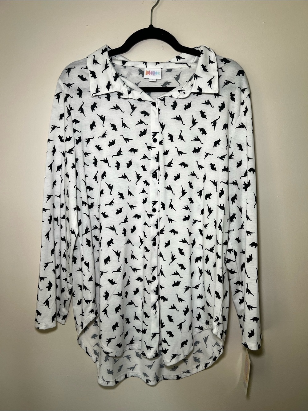 LuLaRoe Valentina White Button-Down Shirt with Black Dinosaur Silhouettes